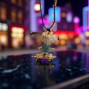 LARGE RHINESTONE SKATER SNOOPY VINTAGE ON BLACK THONG NECKLACE 18 INCH